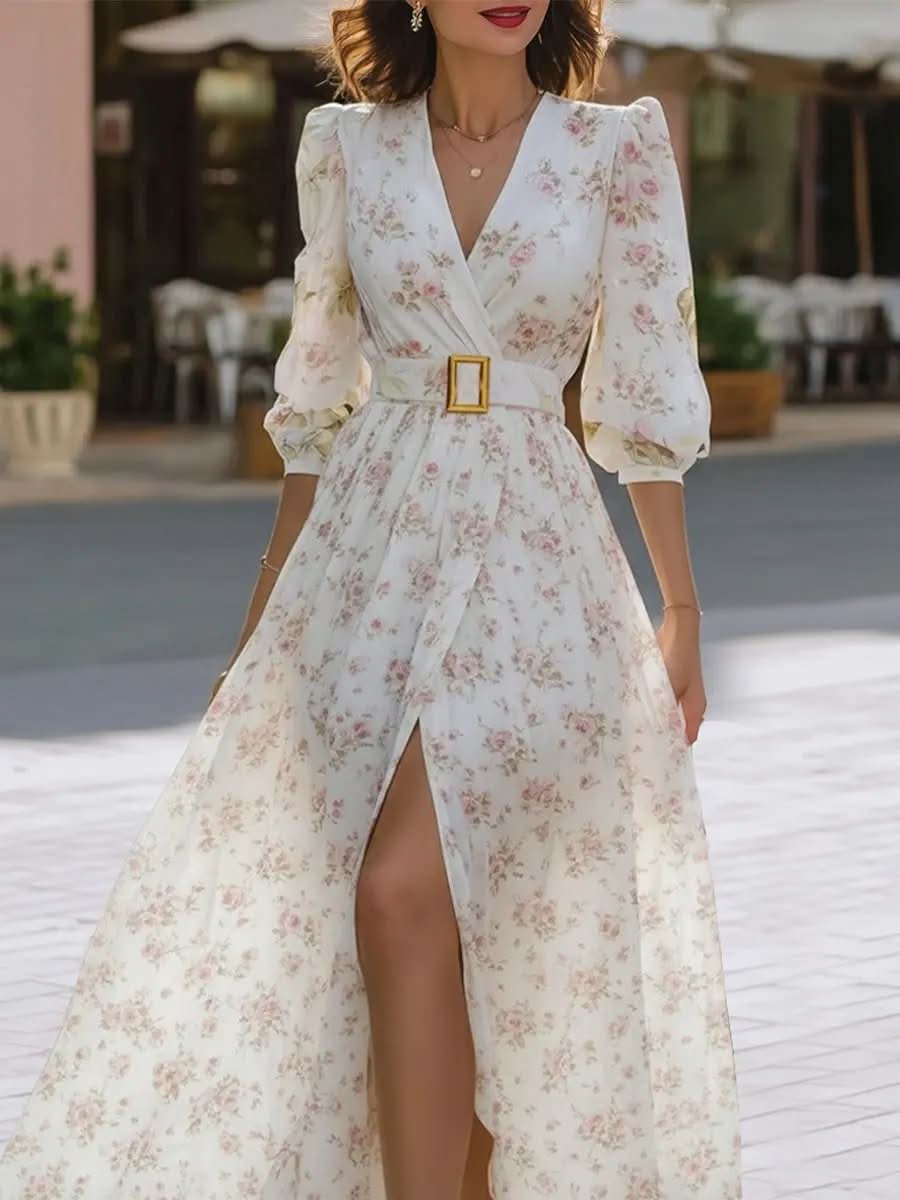 Romantic Floral Chiffon Maxi Dress With Belted Waist MollyBoo
