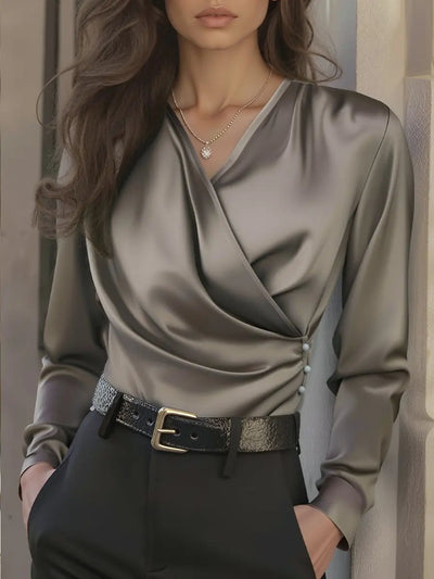 Luxurious Brown Lace Up Satin Blouse with a Tailored Fit and V-neck Design MollyBoo