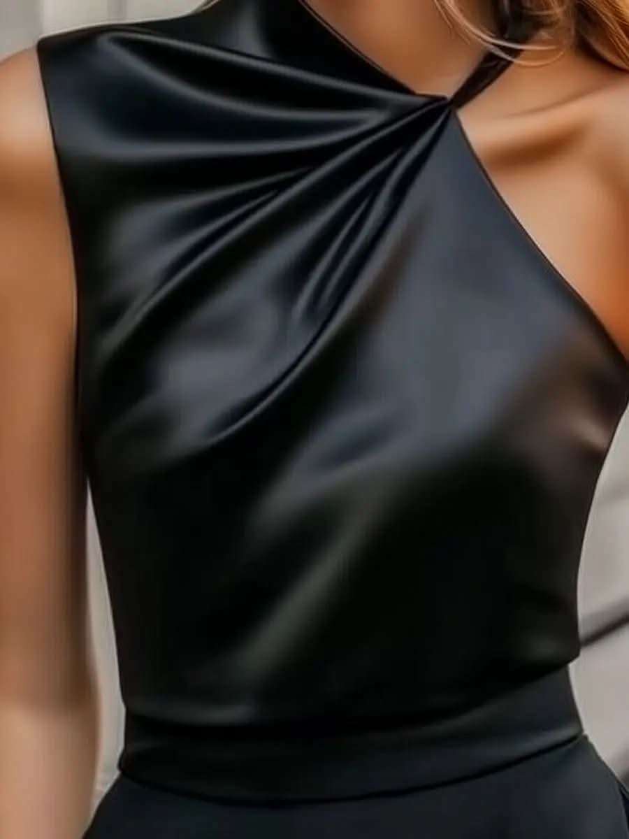 Modern Draped Satin Blouse with Single Strap Detail MollyBoo