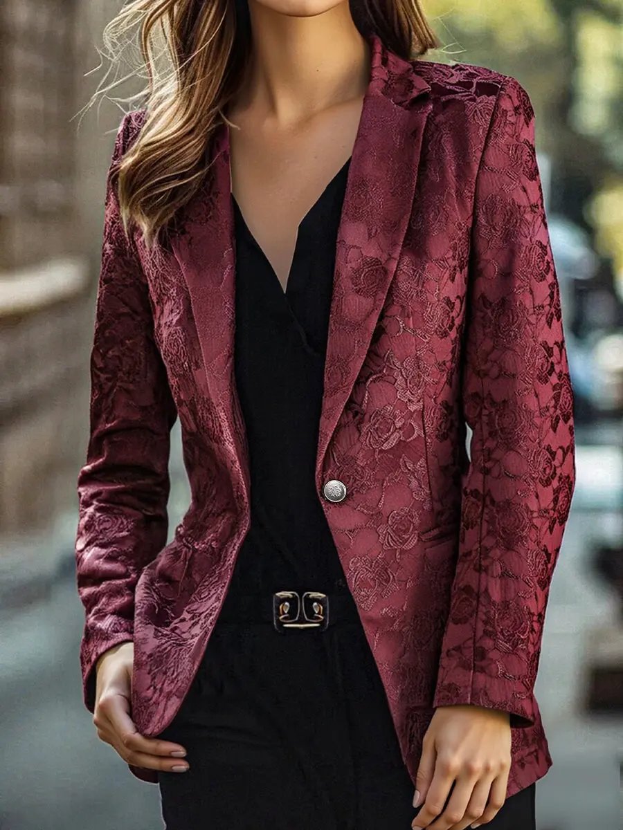 Burgundy Floral Jacquard Single-Breasted Blazer MollyBoo