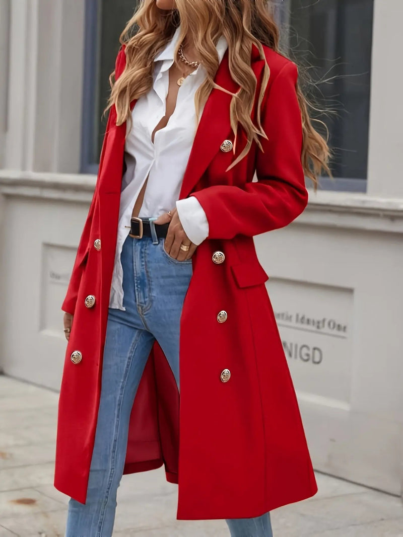 Casaco de lapela dupla, elegante casaco sólido de manga comprida até ao joelho para outono e inverno, roupa de mulher MollyBoo