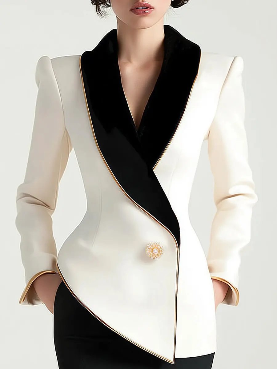 Elegant Asymmetrical White Blazer with Black Contrast Lapels MollyBoo