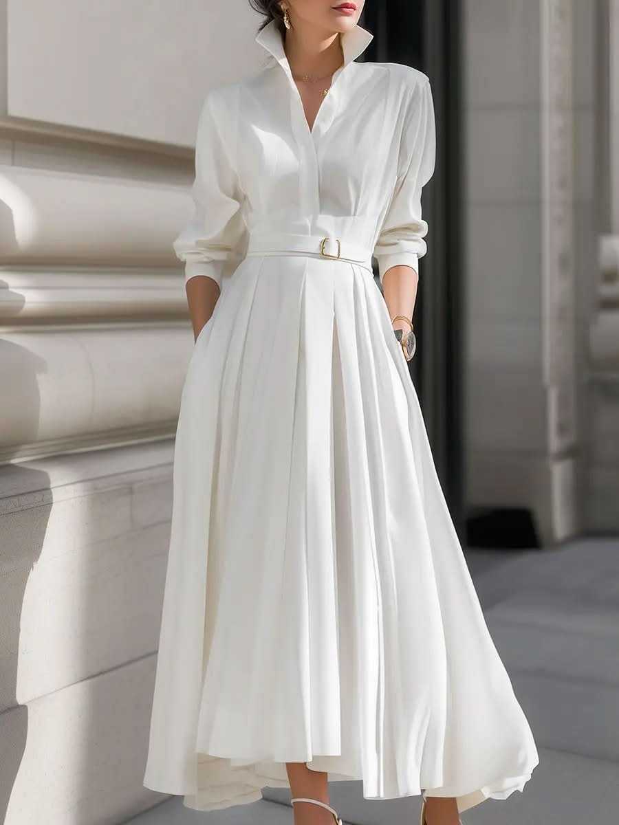 Elegant Plain Belted Shirt Dress With Pleated Skirt MollyBoo