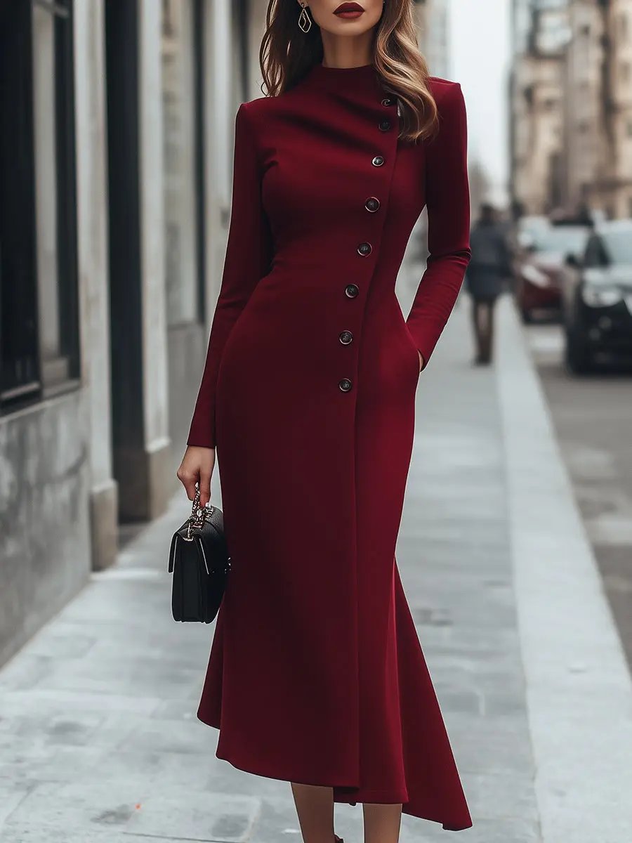 Burgundy Asymmetric Buttoned Long-Sleeve Dress MollyBoo
