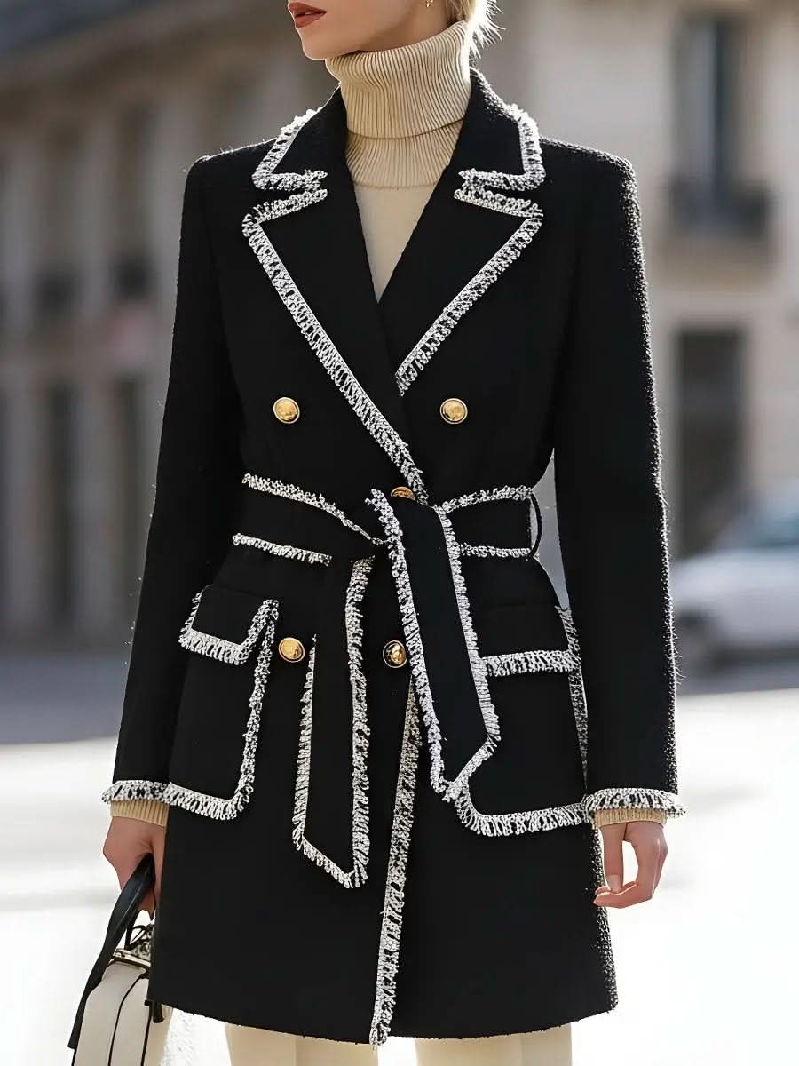 Tweed Double-Breasted Coat With Contrast Fringe Trim MollyBoo