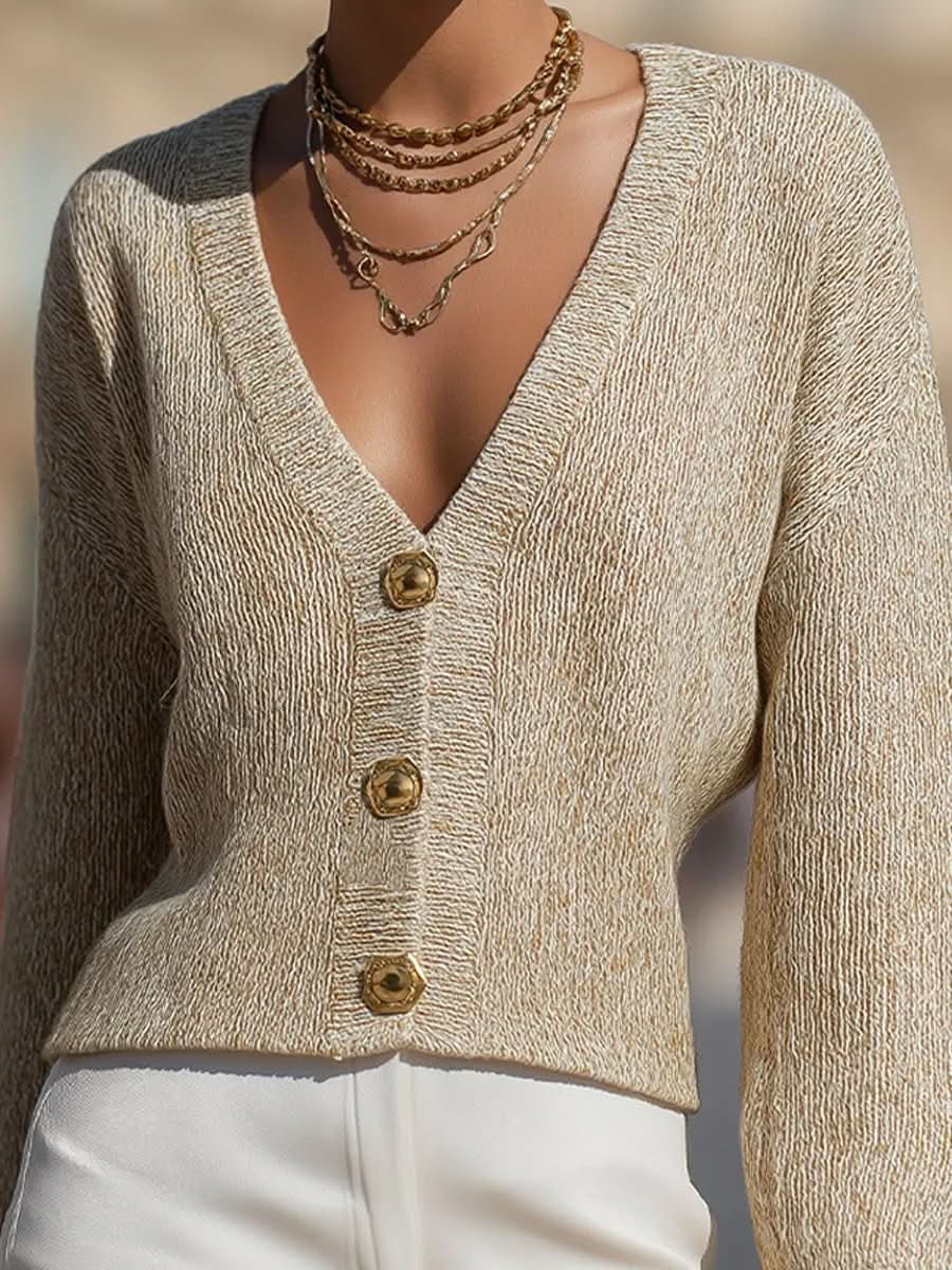 Gold-Threaded Knit Button Cardigan In Champagne Beige MollyBoo