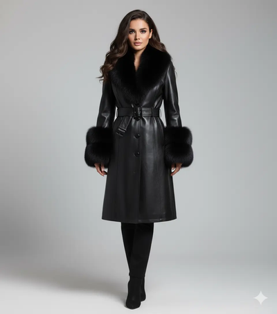 Chic Faux Leather Coat with Soft Faux Fur Shawl Collar MollyBoo