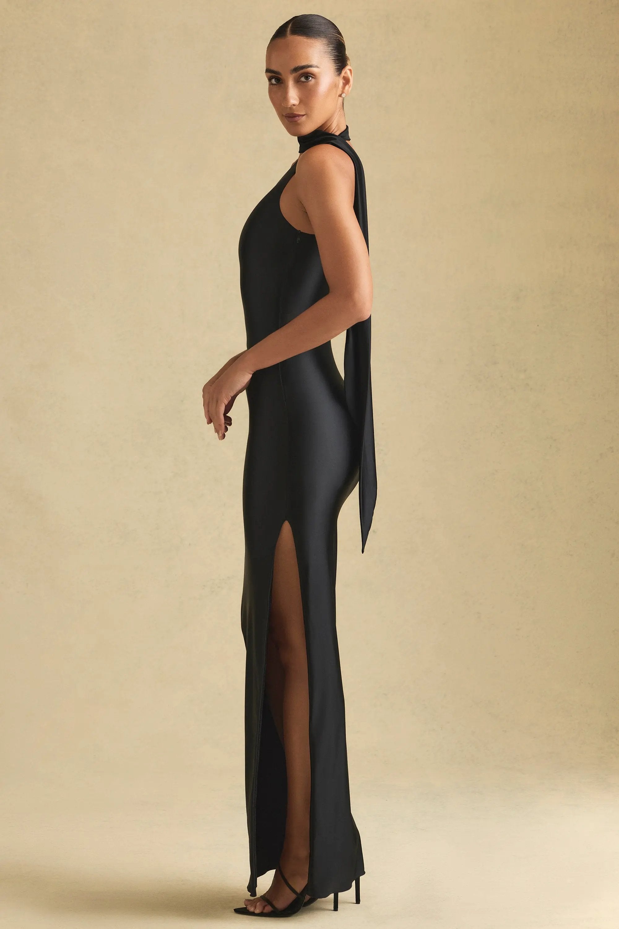 Asymmetric Scarf-Detail Maxi Dress in Black MollyBoo