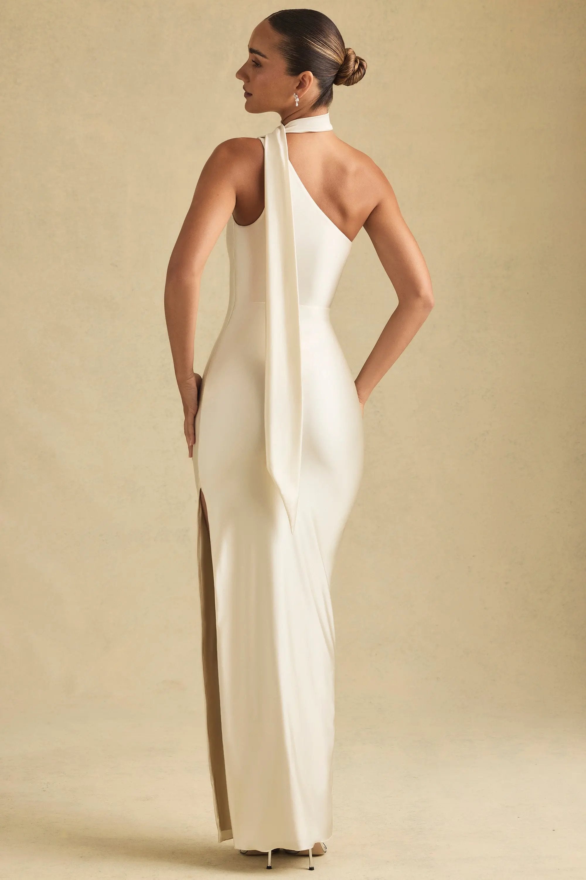 Asymmetric Scarf-Detail Maxi Dress in Ivory MollyBoo
