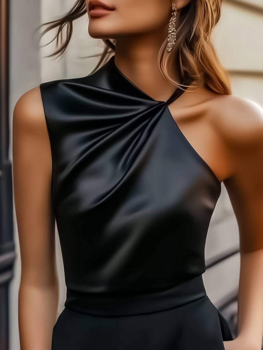 Modern Draped Satin Blouse with Single Strap Detail MollyBoo