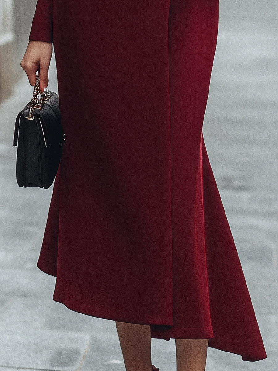 Burgundy Asymmetric Buttoned Long-Sleeve Dress MollyBoo