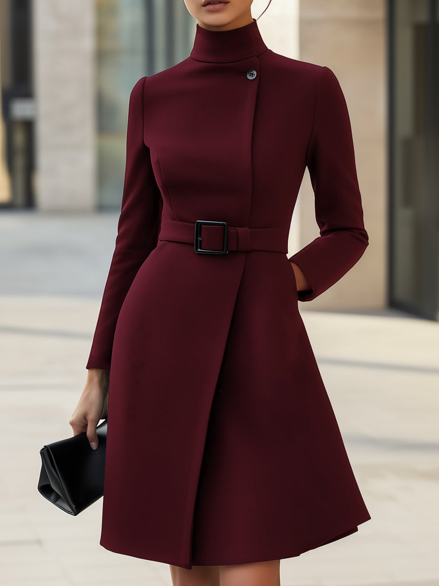 Black High-Neck Asymmetric Belted A-Line Dress MollyBoo