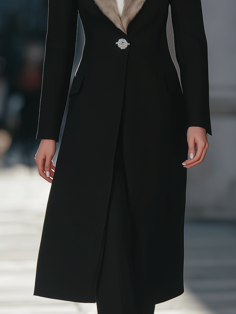 Black Longline Coat With Faux Fur Shawl Collar And Crystal Brooch Closure MollyBoo