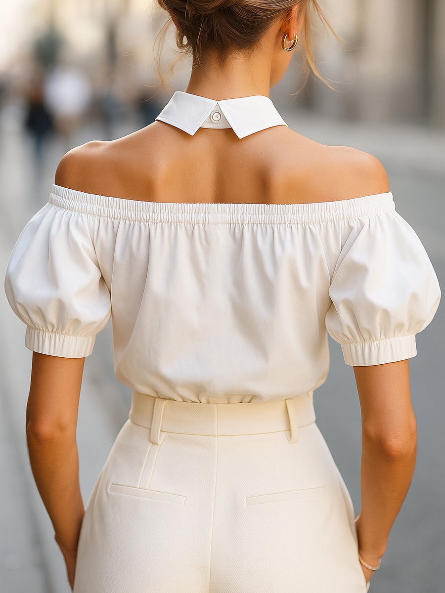 Chic Off-Shoulder Button-Up Blouse with Statement Collar MollyBoo