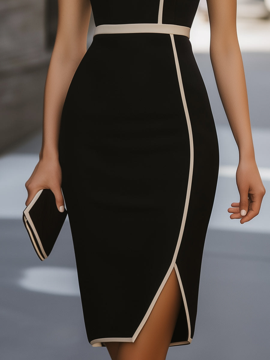 Elegant Accent-Trimmed Midi Dress with Slit MollyBoo