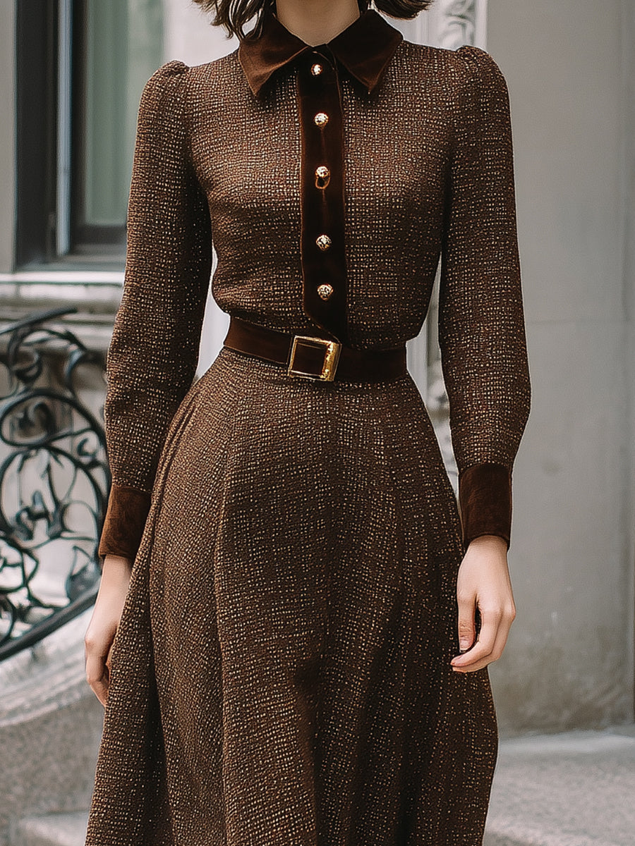 Chocolate Brown Belted Midi Dress With Velvet Accents MollyBoo