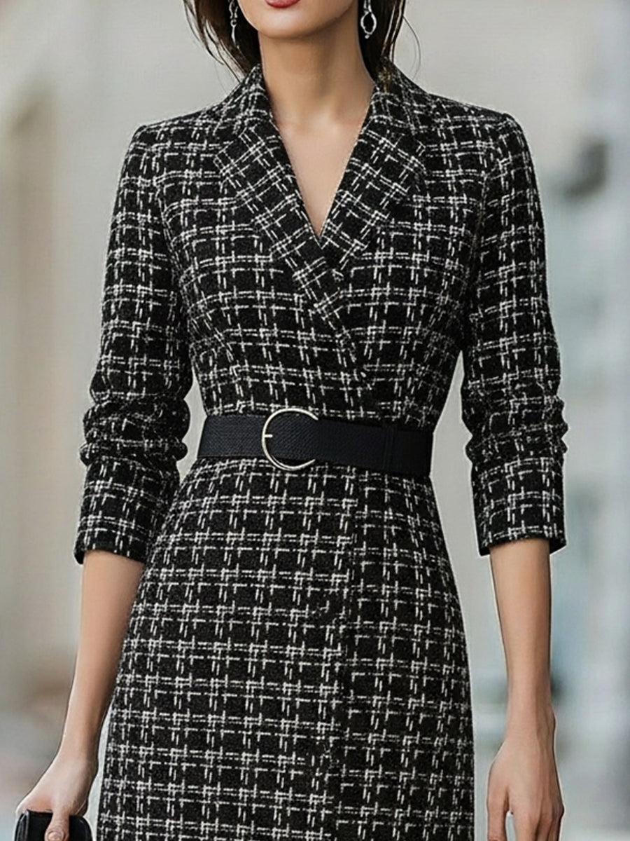 Chic Plaid Belted Tweed Midi Dress MollyBoo