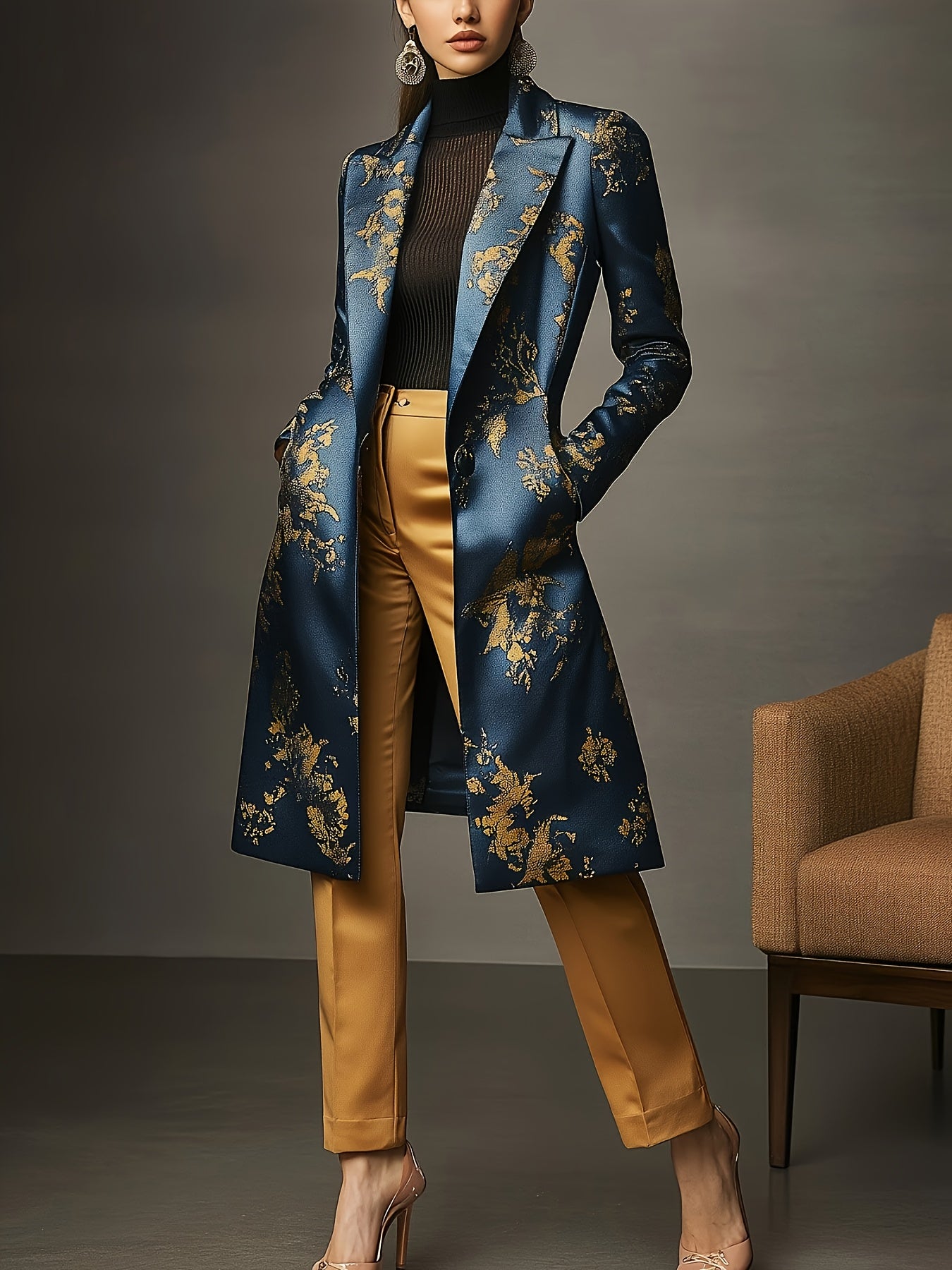 Casaco elegante azul e dourado floral para mulheres - Vestuário exterior formal e de luxo para todos os dias, jaqueta comprida até ao joelho com fecho de botão único, roupa feminina sofisticada para todas as estações para festas, escritório MollyBoo
