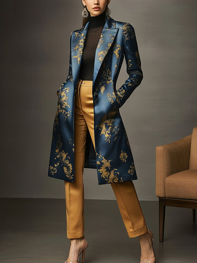 Casaco elegante azul e dourado floral para mulheres - Vestuário exterior formal e de luxo para todos os dias, jaqueta comprida até ao joelho com fecho de botão único, roupa feminina sofisticada para todas as estações para festas, escritório MollyBoo
