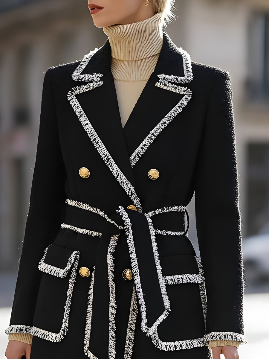 Tweed Double-Breasted Coat With Contrast Fringe Trim MollyBoo