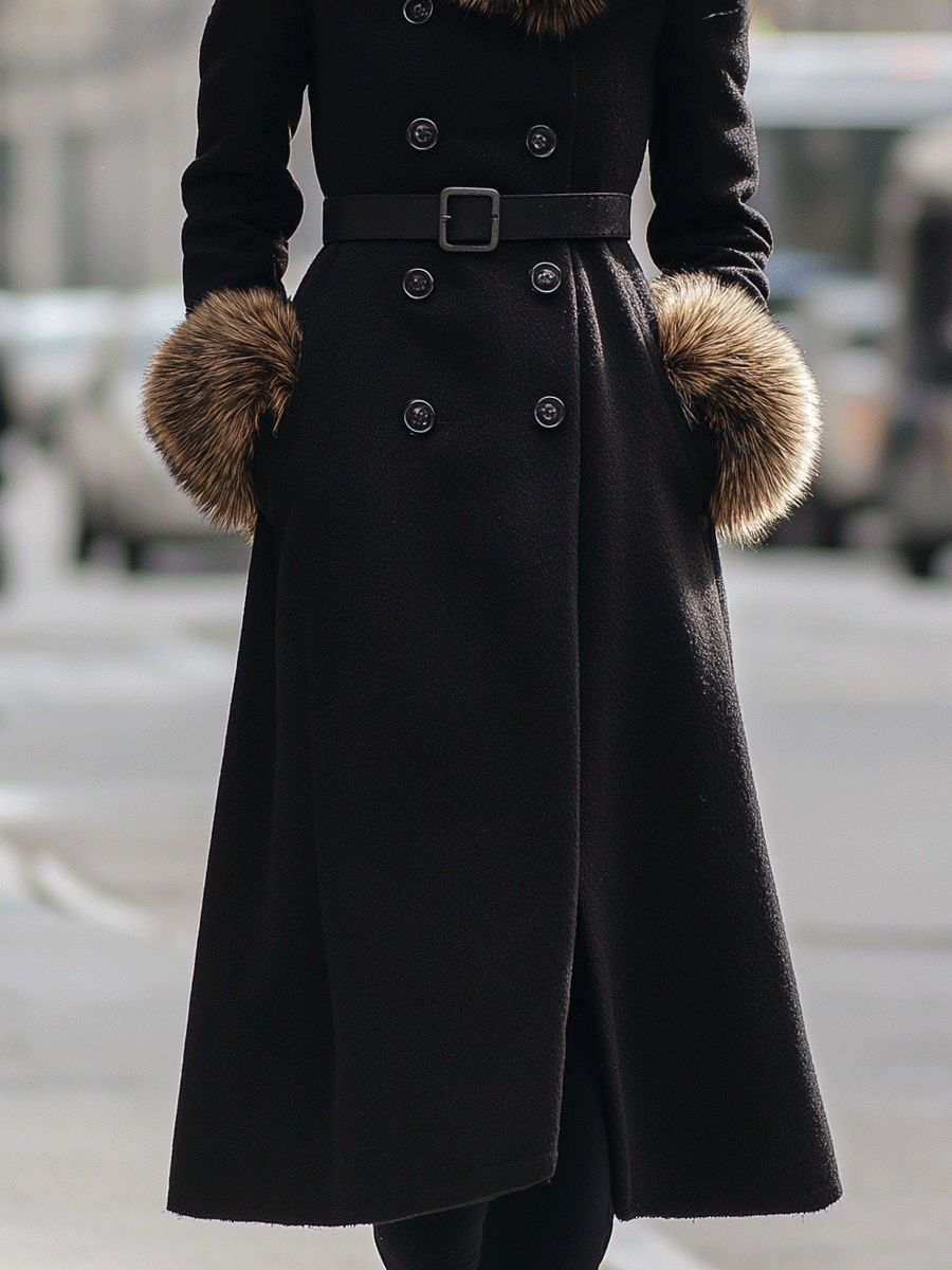 Black Double-Breasted Coat With Faux Fur Collar And Cuffs MollyBoo