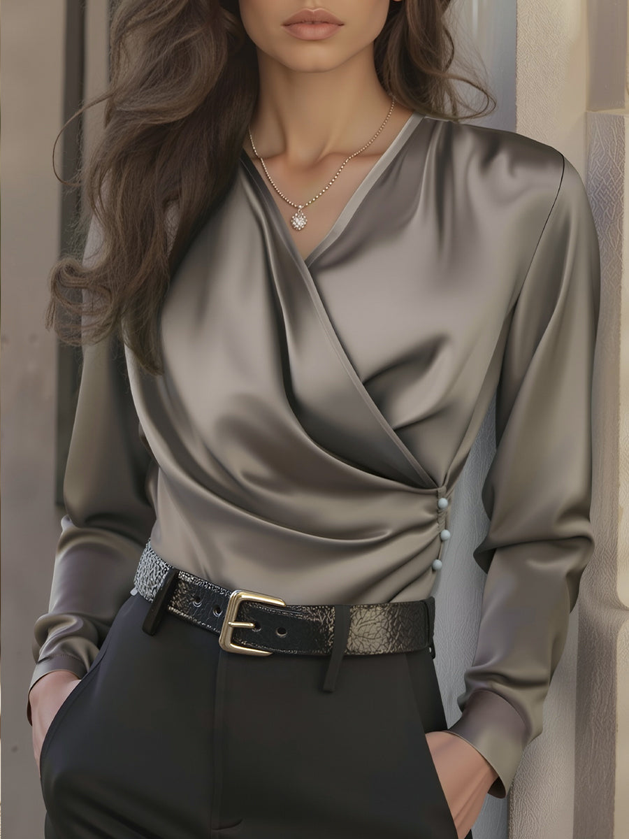 Luxurious Brown Lace Up Satin Blouse with a Tailored Fit and V-neck Design MollyBoo