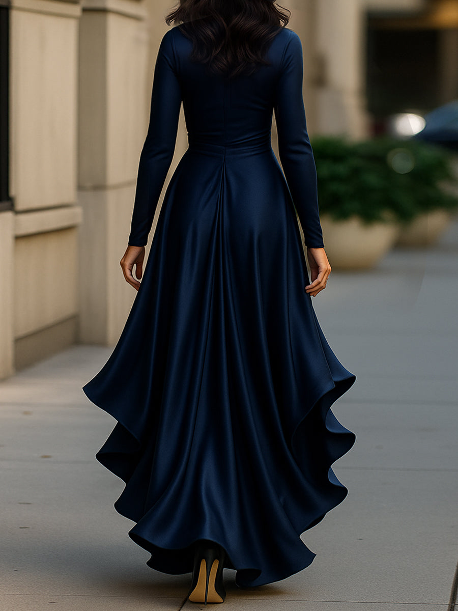 Midnight Blue Draped Satin Maxi Dress With Ruffle Details MollyBoo