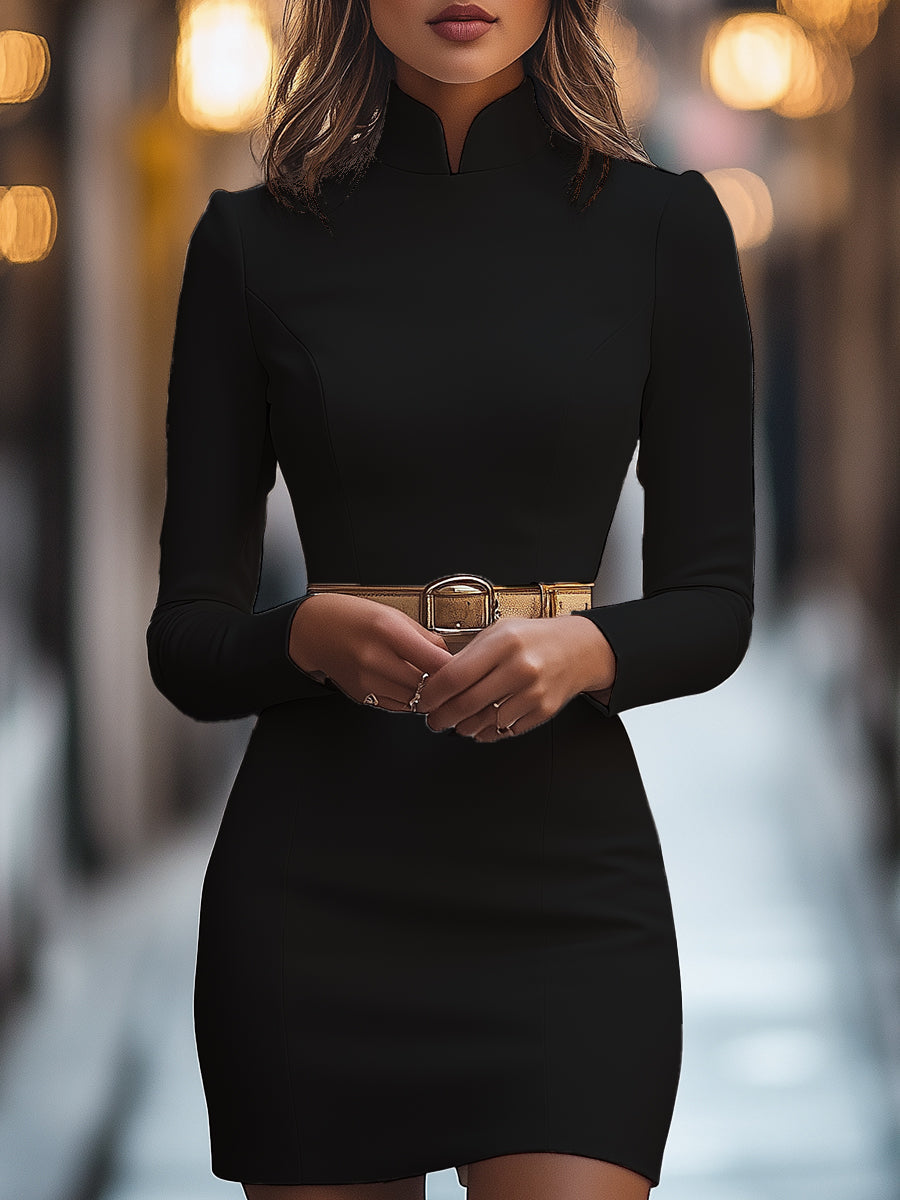 Elegant White Mandarin Collar Dress with Belt Design MollyBoo