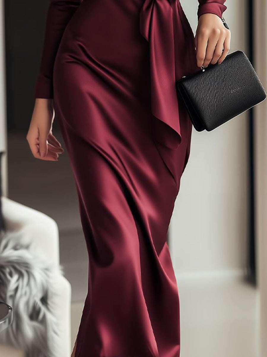Timeless Burgundy Satin Wrap Dress with Waist Tie Detail MollyBoo