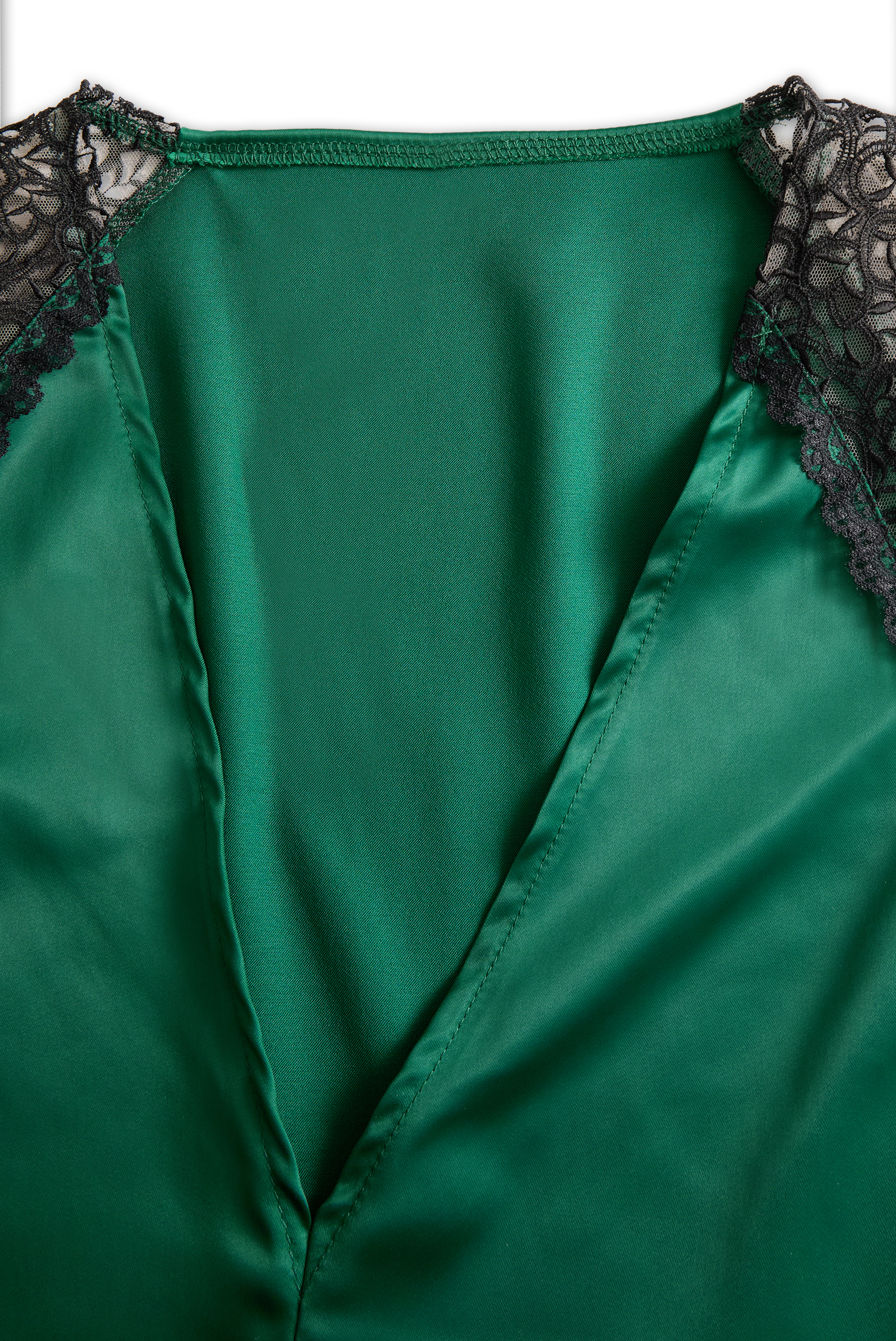 Deep V-Neck Satin Blouse with Lace Details - Emerald Allure MollyBoo