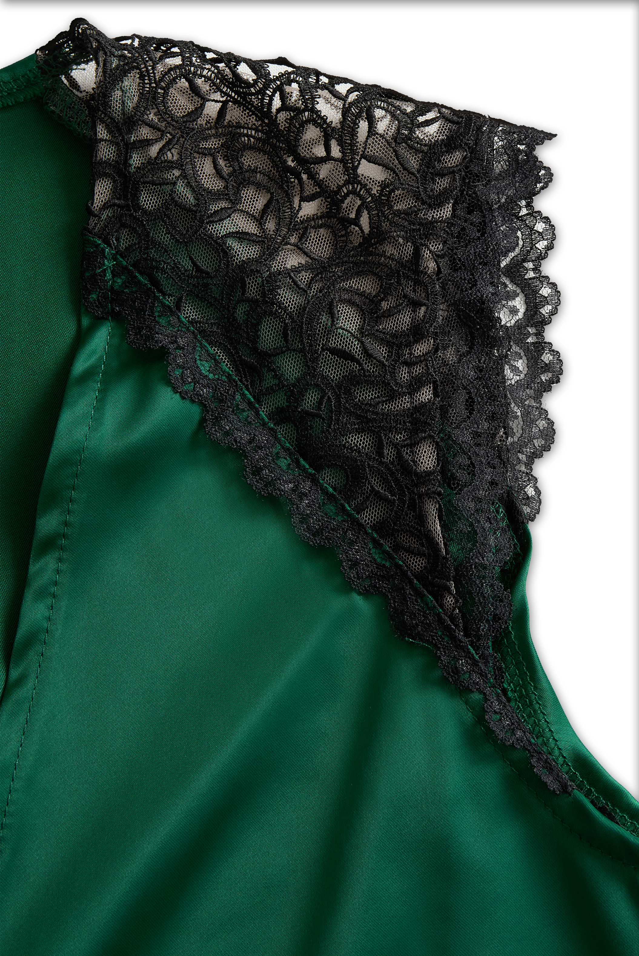 Deep V-Neck Satin Blouse with Lace Details - Emerald Allure MollyBoo