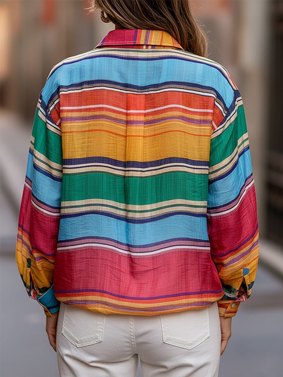 Chic Shirt Collar Rainbow Stripes Linen Blouse MollyBoo