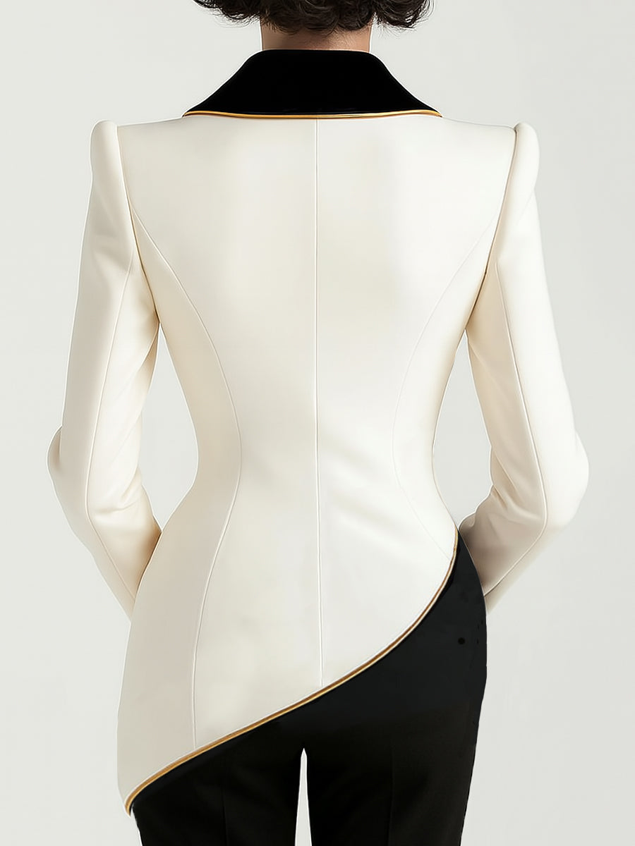 Elegant Asymmetrical White Blazer with Black Contrast Lapels MollyBoo
