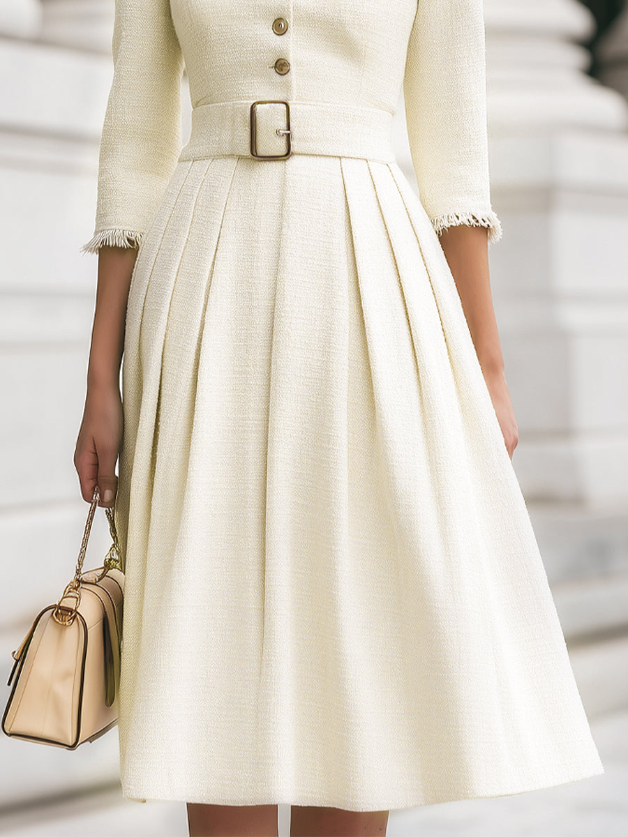Tweed Belted Midi Dress With Fringed Trim MollyBoo