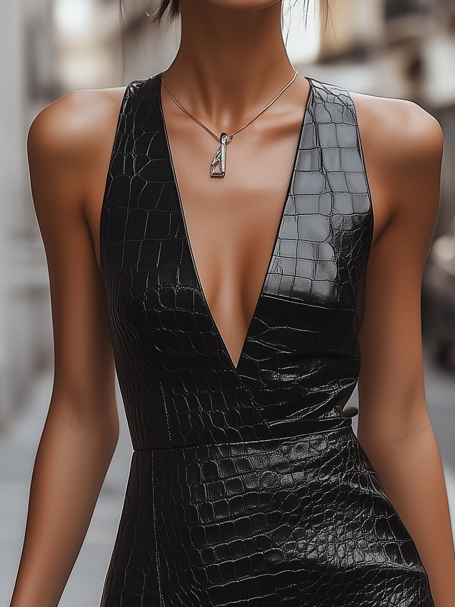 Bold Black Croc-Embossed Leather Mini Dress MollyBoo