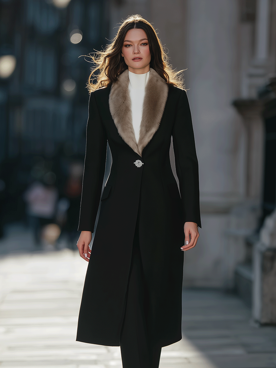 Black Longline Coat With Faux Fur Shawl Collar And Crystal Brooch Closure MollyBoo