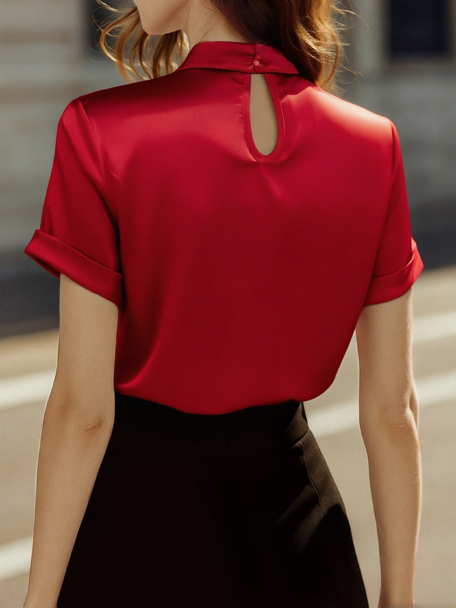 Sophisticated White Satin Blouse with Modern Keyhole Neckline MollyBoo