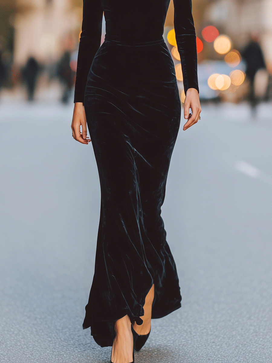 Black Velvet Long Sleeve Gown With Lace Yoke MollyBoo