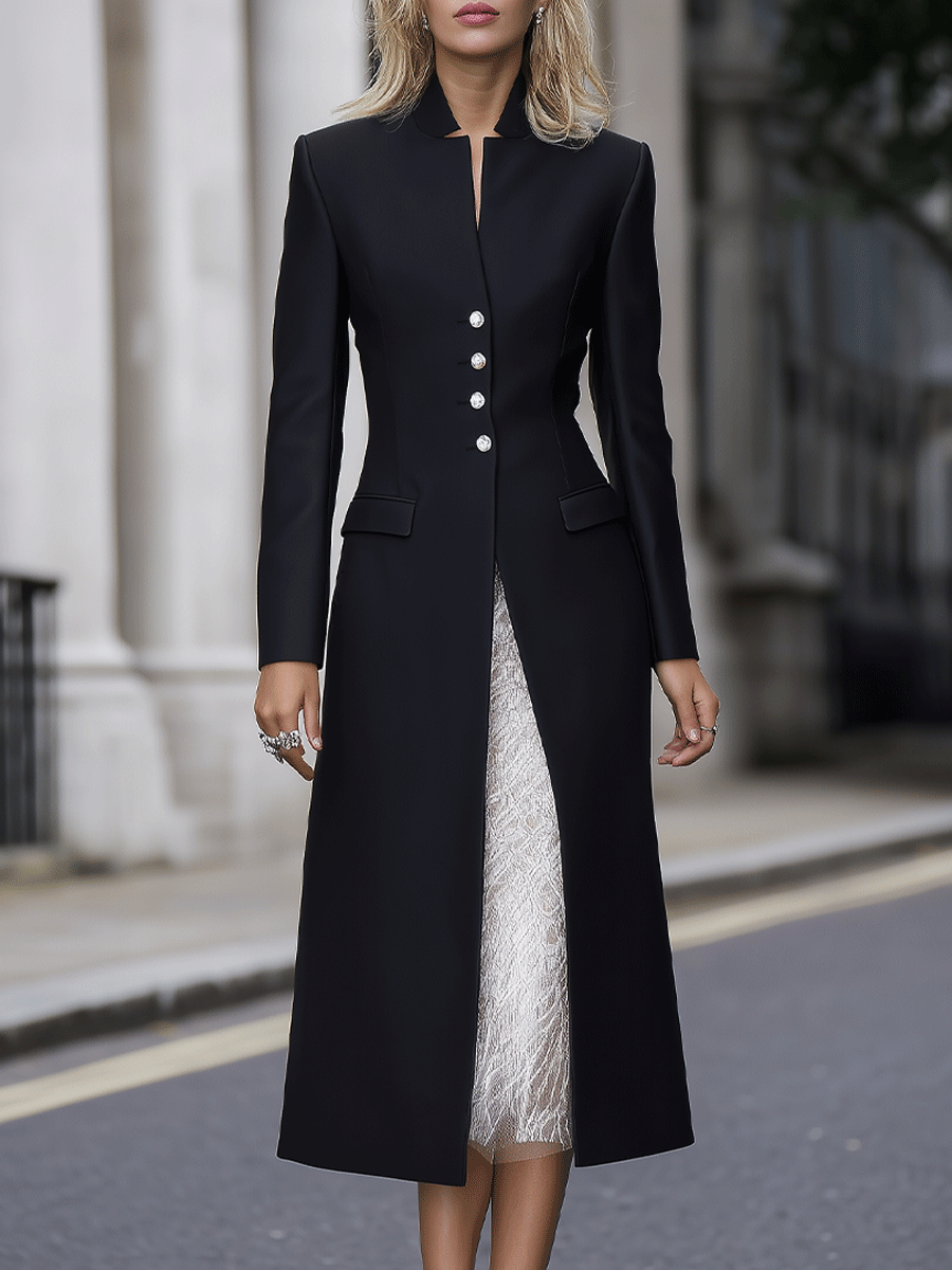 Black High-Collar Embellished Button Longline Coat Dress MollyBoo