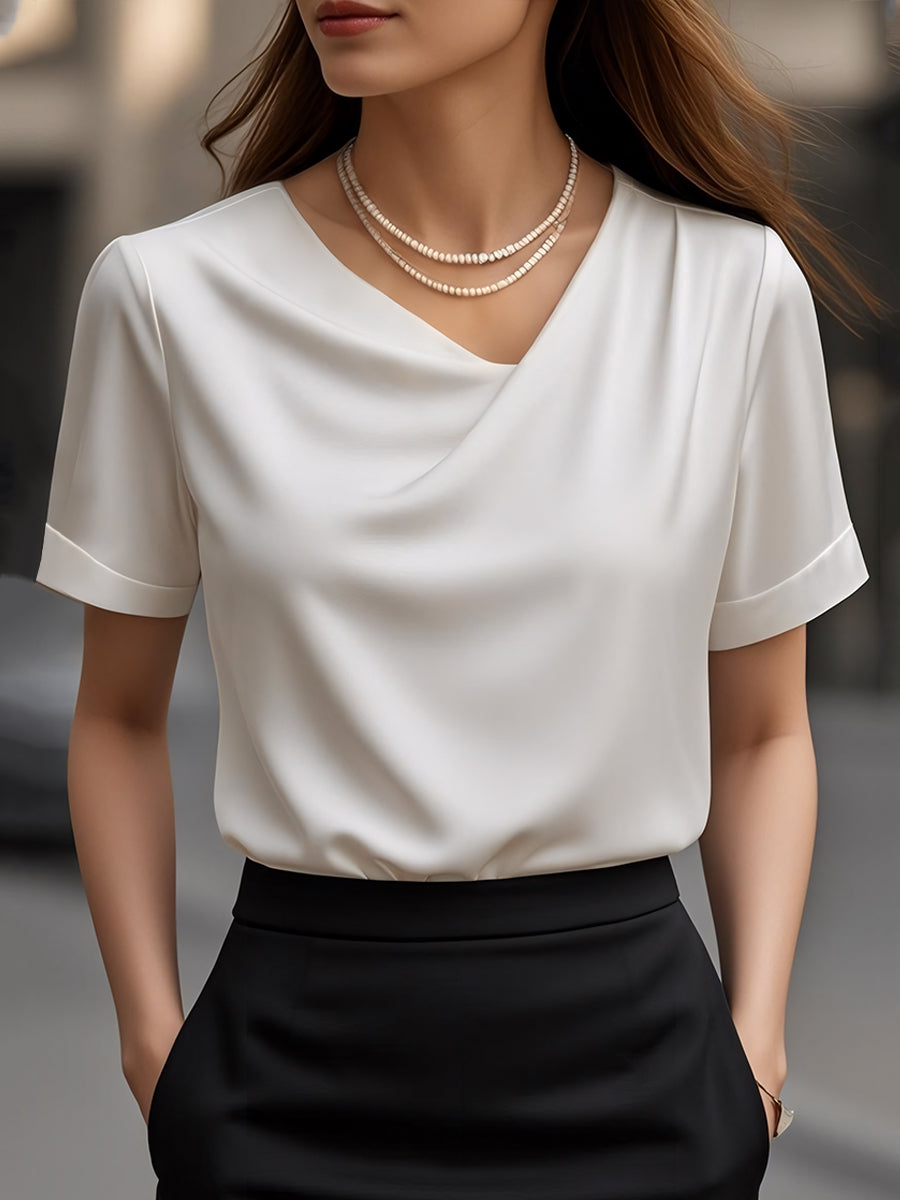 Elegant Plain Short-Sleeve Blouse with Draped Neckline MollyBoo