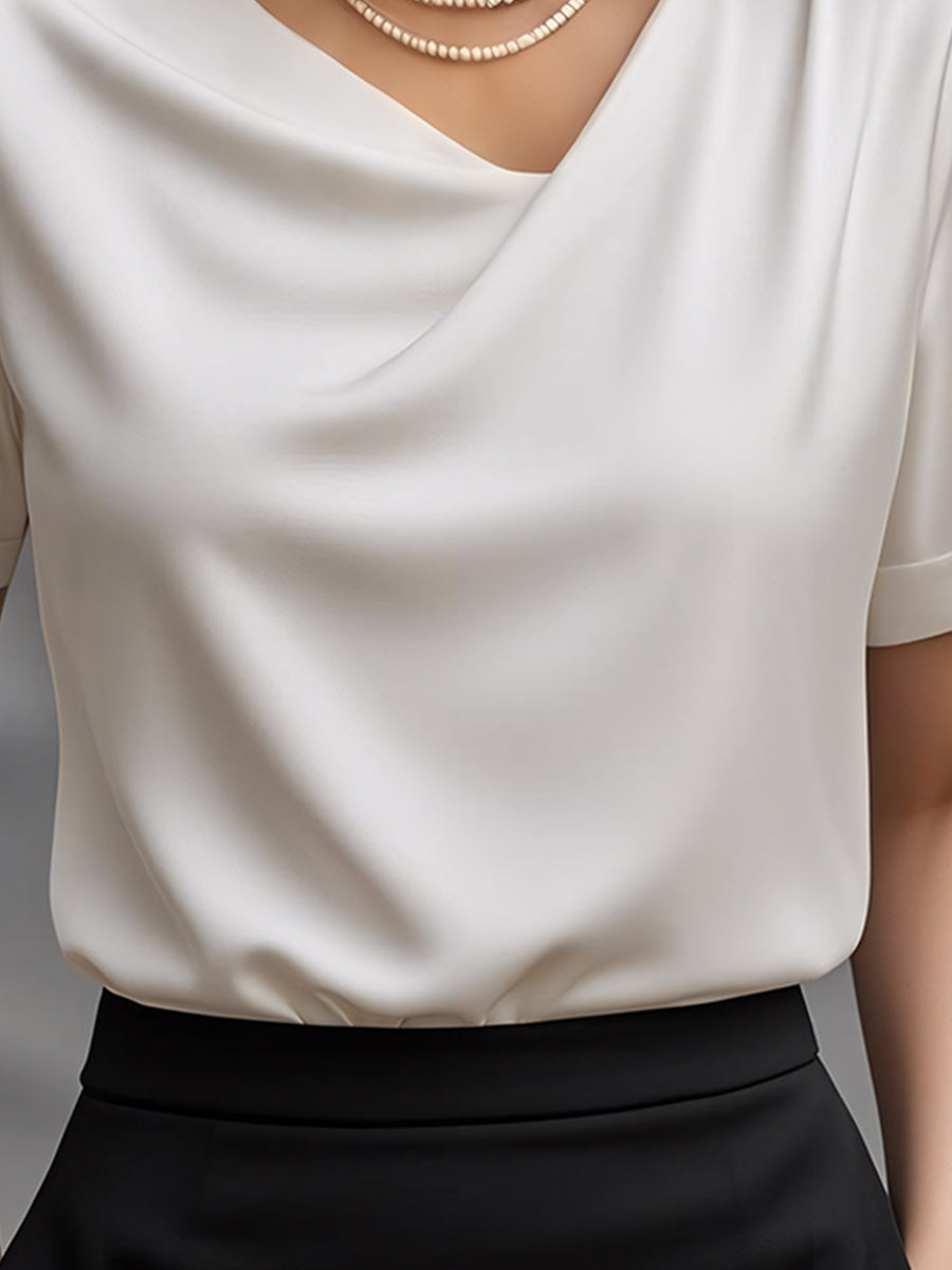 Elegant Plain Short-Sleeve Blouse with Draped Neckline MollyBoo