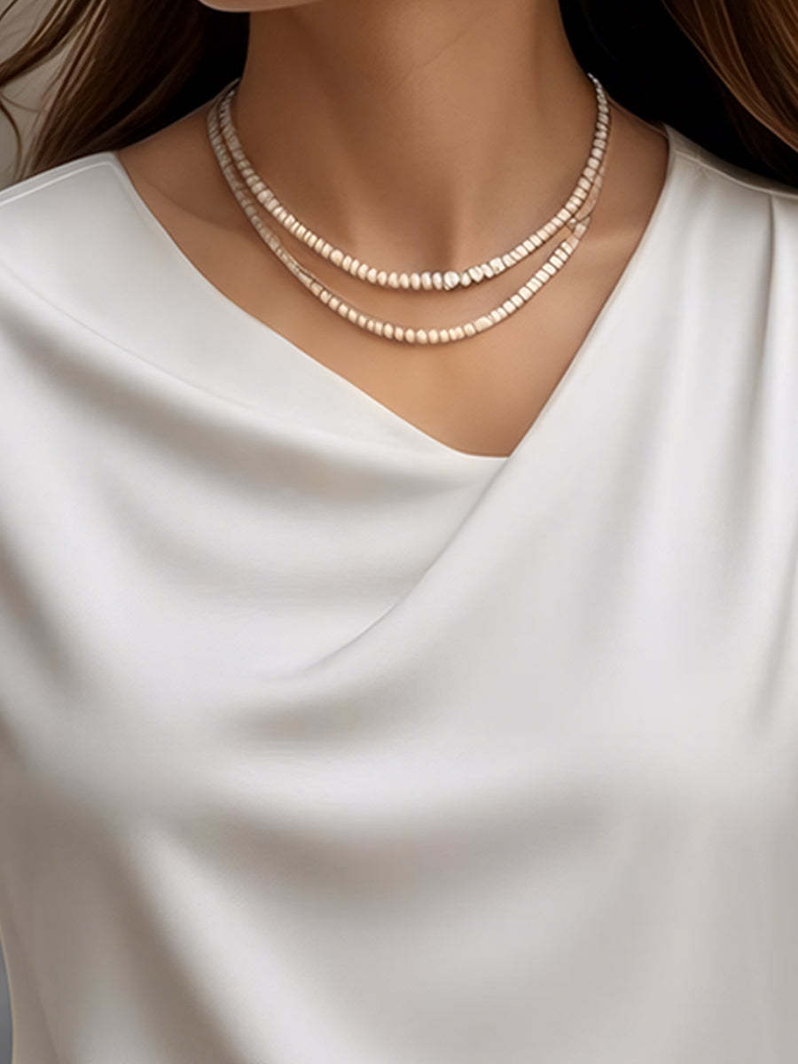 Elegant Plain Short-Sleeve Blouse with Draped Neckline MollyBoo
