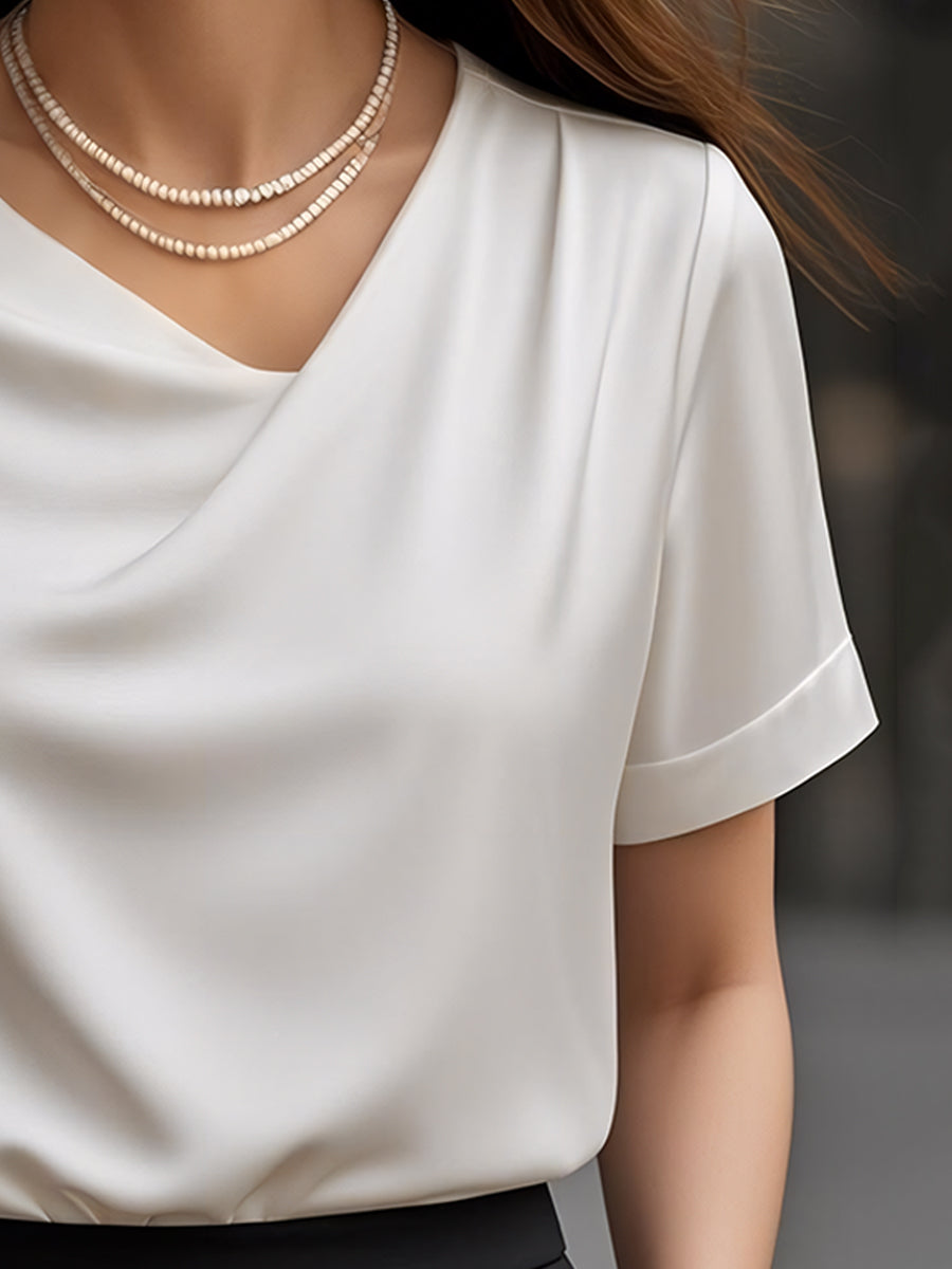 Elegant Plain Short-Sleeve Blouse with Draped Neckline MollyBoo