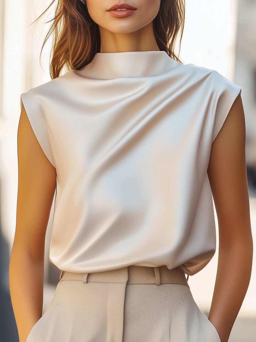 Elegant Minimalist Sleeveless Blouse with Draped Neckline MollyBoo