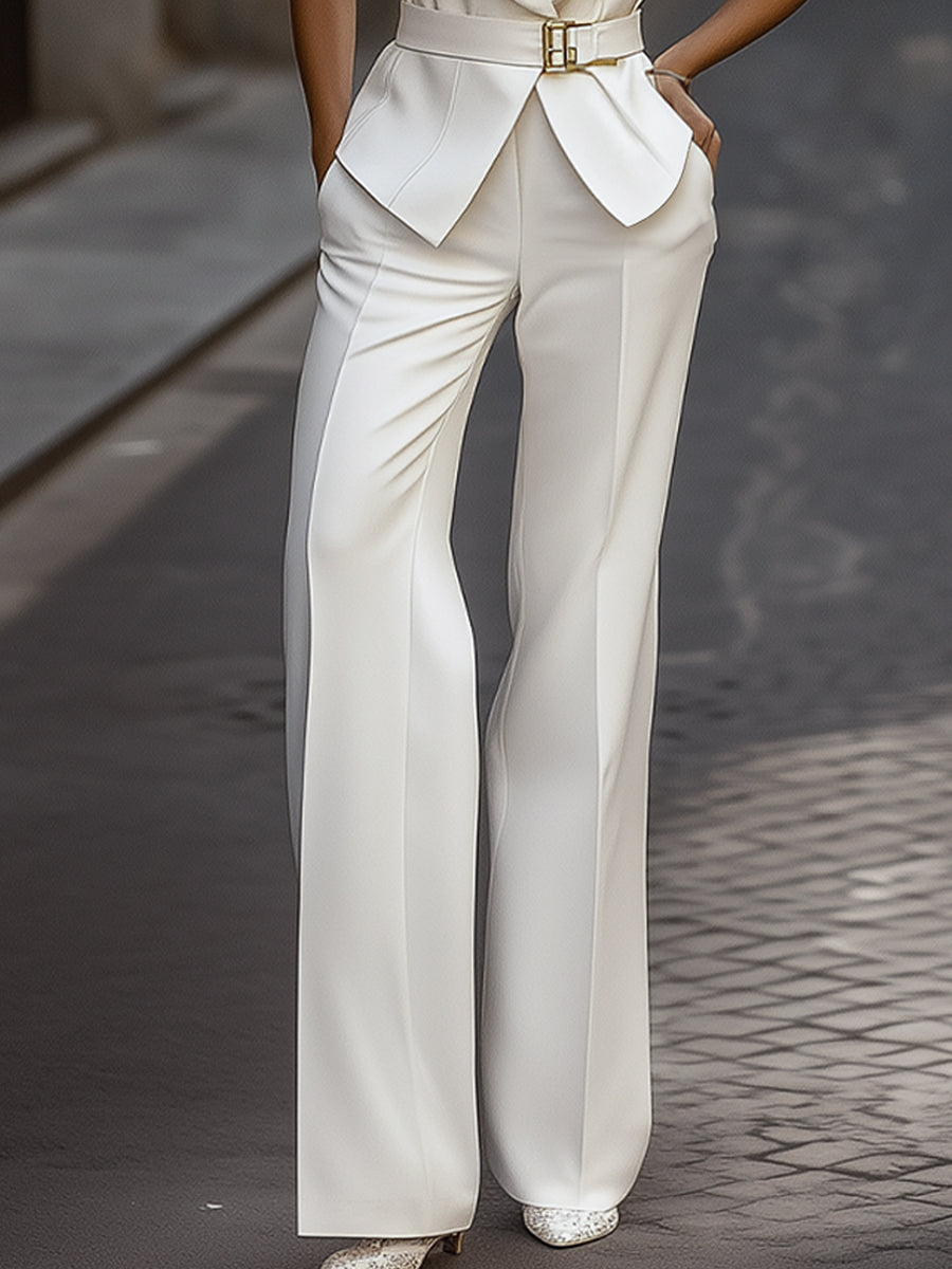 White Sleeveless Belted Pantsuit Set MollyBoo