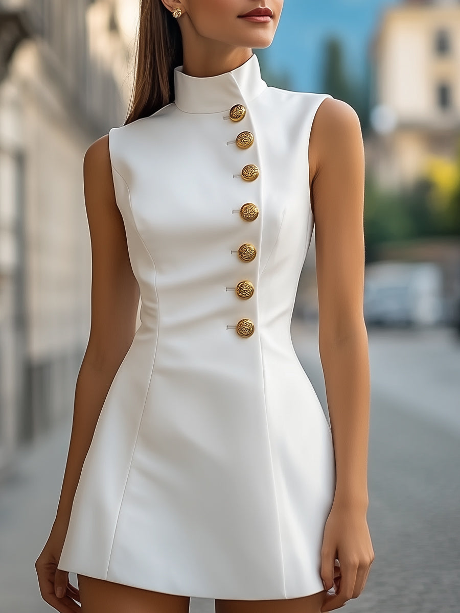 Golden Buttons Satin Sheath Dress with High Collar MollyBoo