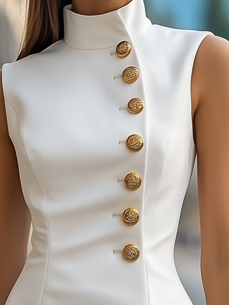 Golden Buttons Satin Sheath Dress with High Collar MollyBoo