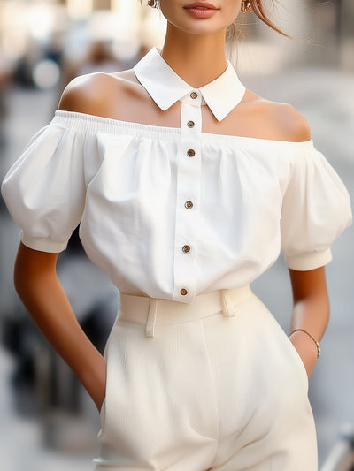 Chic Off-Shoulder Button-Up Blouse with Statement Collar MollyBoo