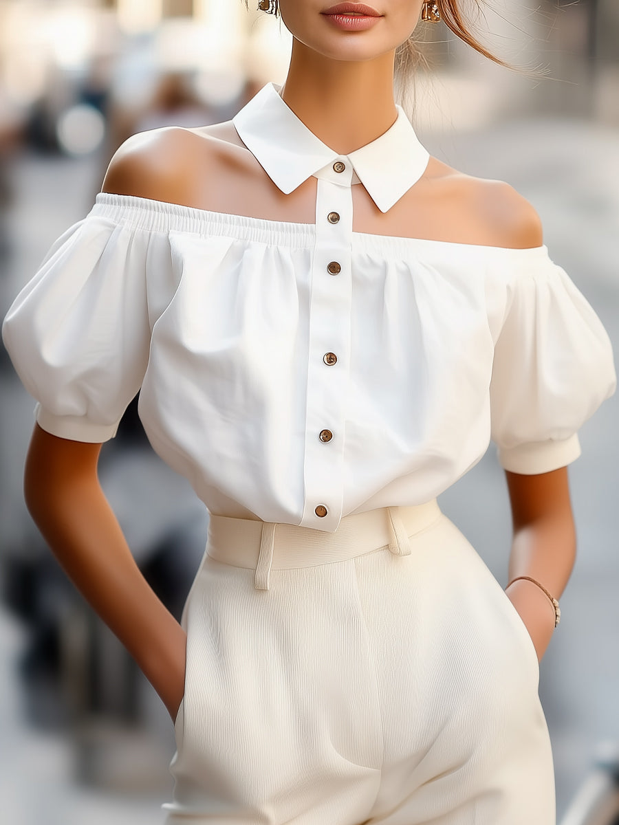 Chic Off-Shoulder Button-Up Blouse with Statement Collar MollyBoo