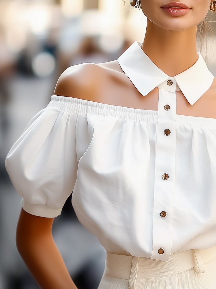 Chic Off-Shoulder Button-Up Blouse with Statement Collar MollyBoo